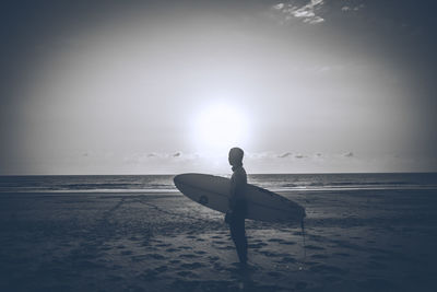 Silhouette man on beach against sky during sunset