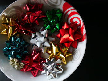 High angle view of christmas decorations on table