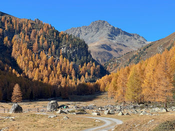 Scenic view of land and mountains against clear sky