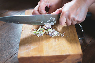 Midsection of person preparing food on cutting board