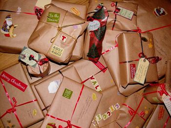 High angle view of christmas presents on table