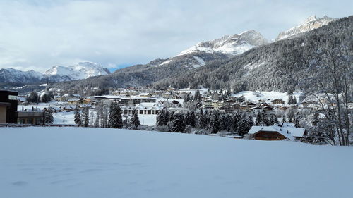 Scenic view of snowcapped mountains against sky