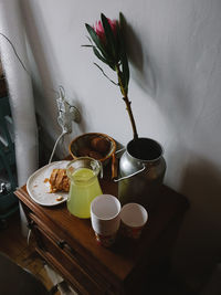 High angle view of breakfast on table at home