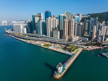 High angle view of city at waterfront