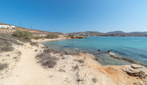 Scenic view of beach against clear blue sky