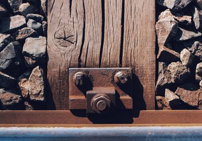Close-up of camera on wood