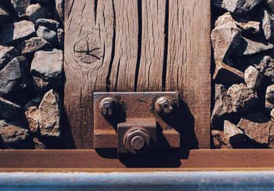 Close-up of metal on wood