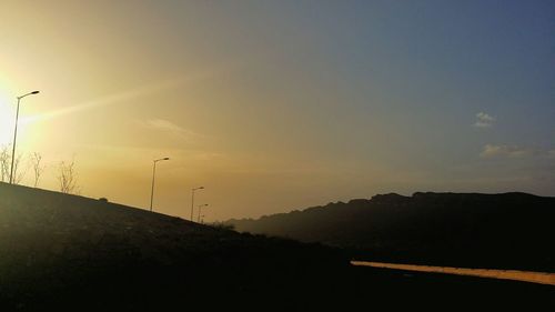 Birds flying against sky during sunset