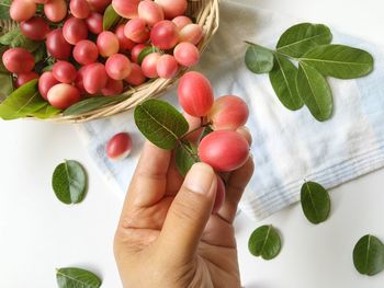Cropped image of hand holding fruits and leaves