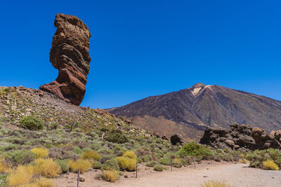 Low angle view of mountain against clear blue sky