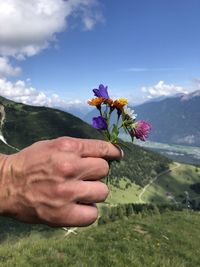 Close-up of hand holding flowering plant against mountain