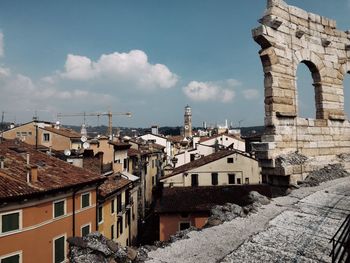 High angle view of built structures against sky