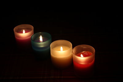 Close-up of burning candle against black background