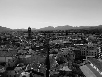 High angle view of buildings in city against clear sky