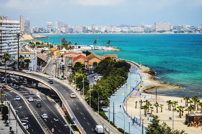 High angle view of city at seaside