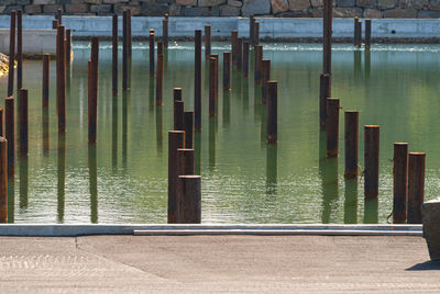 Wooden post on pier over lake