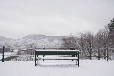 Empty bench on snow covered landscape