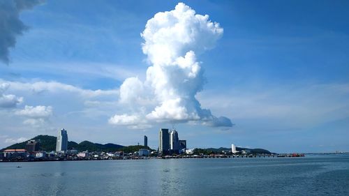 Panoramic view of city by sea against sky