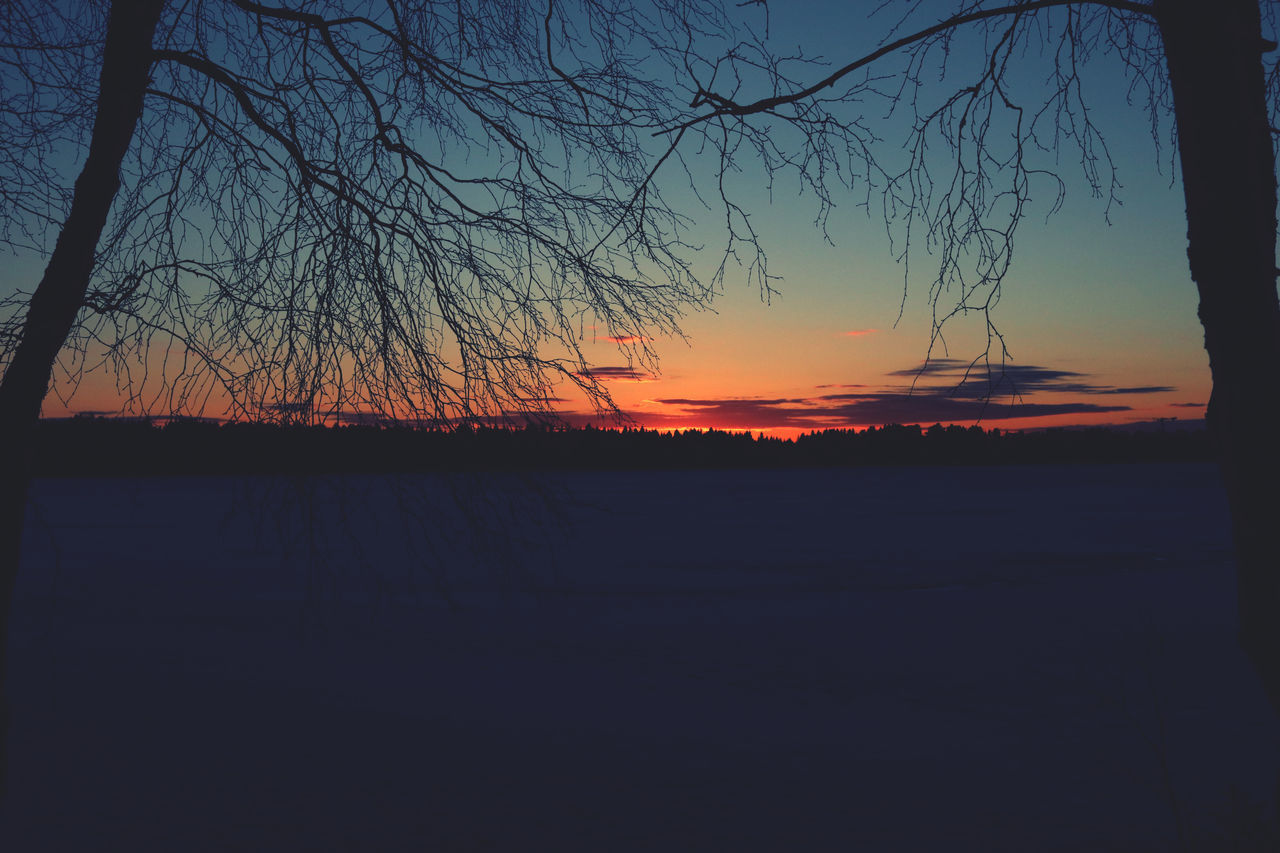 SILHOUETTE BARE TREE BY LAKE AGAINST ROMANTIC SKY