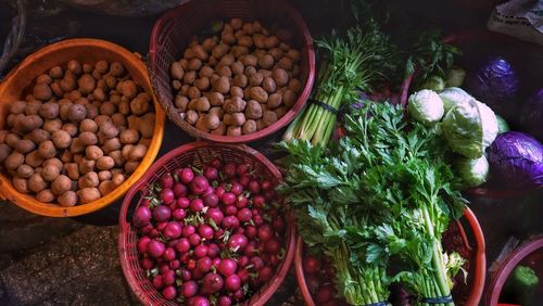 High angle view of fruits in basket at market