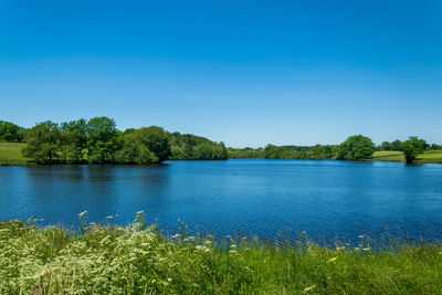 Scenic view of lake against clear blue sky