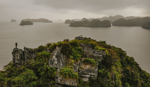 Amazing drone shot of a hill which is located in monkey island, lan ha bay, vietnam.