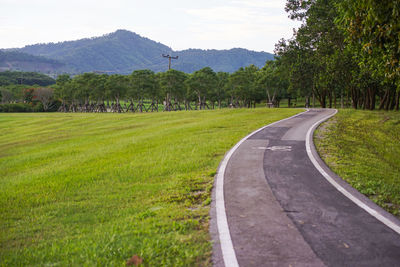 Road amidst field and trees against sky