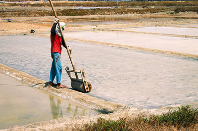 Rear view of people working at shore