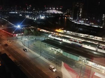 High angle view of illuminated cityscape at night