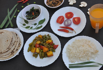 High angle view of breakfast served on table