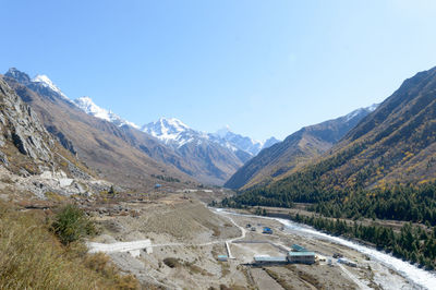 Scenic view of snowcapped mountains against clear blue sky