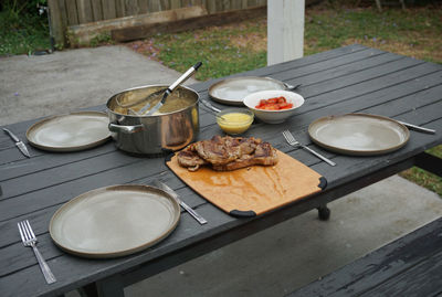 High angle view of food on barbecue grill