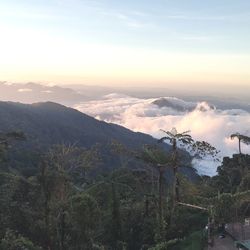 High angle view of mountains against sky during sunset