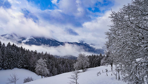 Scenic view of snowcapped mountains against sky