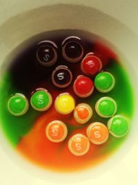 High angle view of candies in bowl