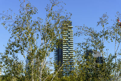 Low angle view of trees and building against sky