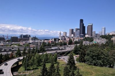 Panoramic view of city buildings against sky