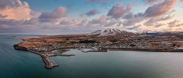 Aerial scenic view of the historic town of husavik