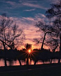 Silhouette trees by lake against sky during sunset