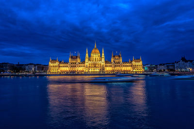 Hungarian parliament building and danube river in city at dusk