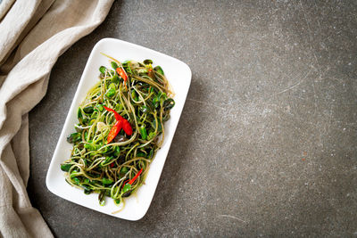 High angle view of food served on table