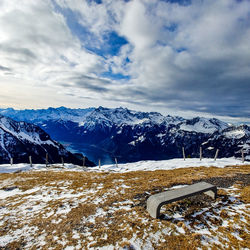 Scenic view of snowcapped mountains against sky