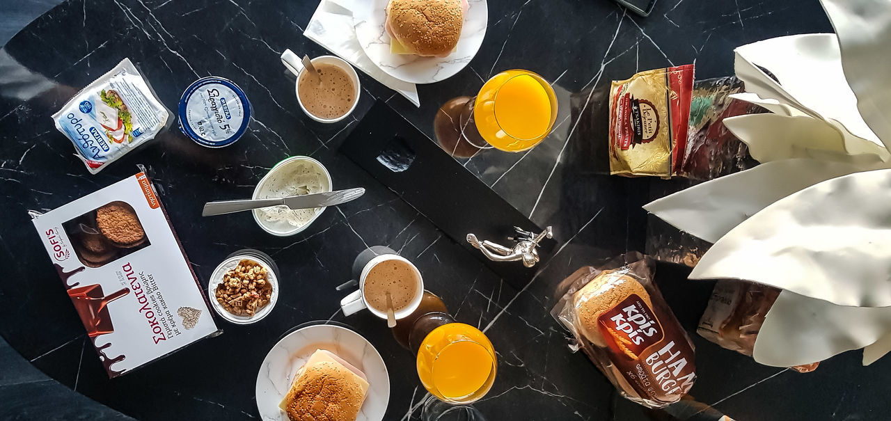 DIRECTLY ABOVE SHOT OF BREAKFAST SERVED ON TABLE