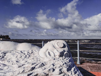 Snow covered land against sky