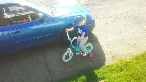 High angle view of children in car