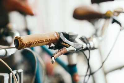 Close up leather bicycle handlebar with blur background