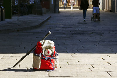 Camino de santiago  to compostela , pilgrim backpack with shell in coruna city , english way , spain