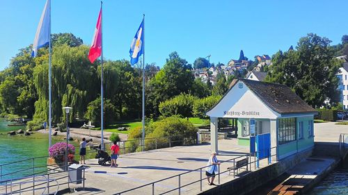 Gazebo in park against clear blue sky