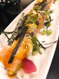 Close-up of sushi served in plate