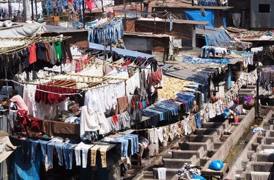 High angle view of clothes drying during sunny day